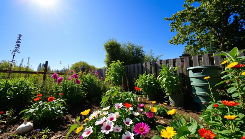 A vibrant garden under a clear blue sky features eco-friendly landscaping with colorful flowers, including pink, red, and yellow blooms. A wooden fence and green plants grace the background, complemented by a compost bin for sustainability and a few trees.