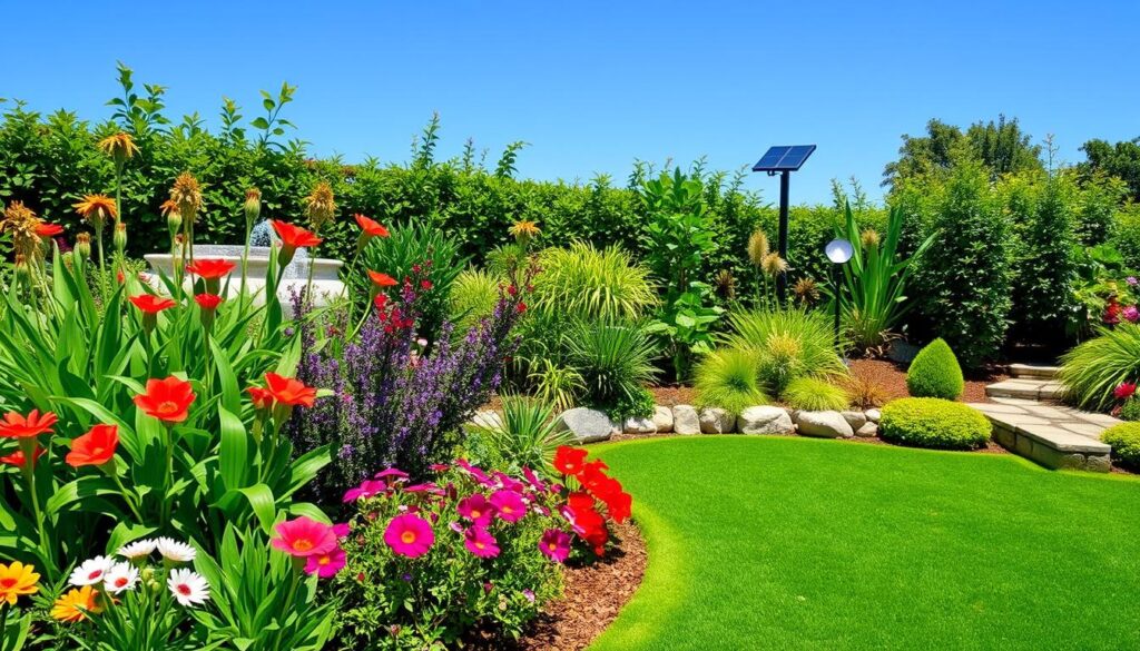 A vibrant garden with lush green grass, colorful flowers, and neatly trimmed shrubs showcases eco-friendly landscaping. A tall solar garden light stands among the greenery under a clear blue sky. A stone path leads through this sustainable oasis.