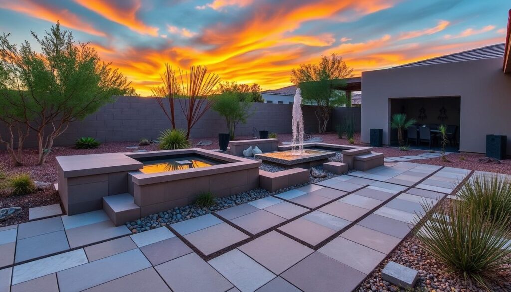 A modern backyard in Prescott, AZ with a fountain at sunset. Featuring innovative hardscaping ideas like geometric paving, a small pond, desert plants, and enclosed stone seating. The vibrant orange and blue sky adds tranquility to the contemporary landscape design.