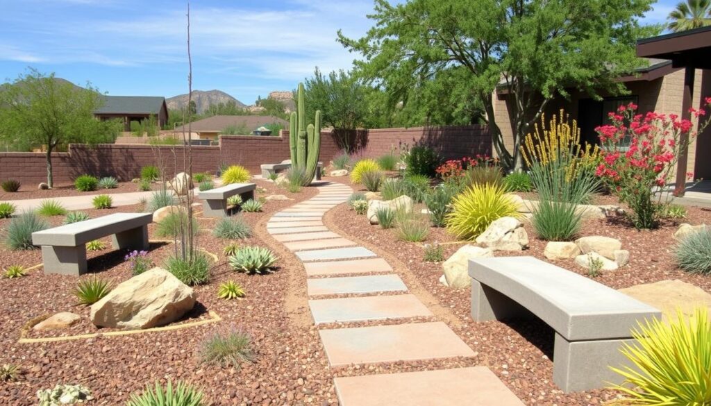 A desert-themed garden in Prescott AZ boasts a stone path leading between two concrete benches. The landscape artfully combines succulents, cacti, and desert plants. In the backdrop, a low brick wall contrasts with the mountains visible under the clear blue sky—the epitome of modern landscape design.