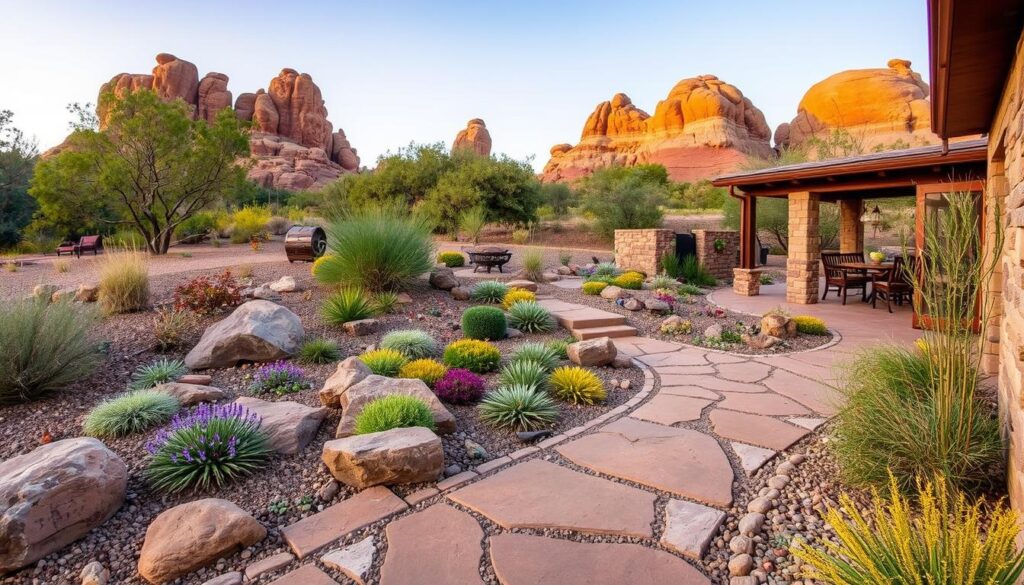 A desert landscape in Prescott, AZ boasts a patio and garden with various succulents and shrubs. The scene includes modern landscape design elements like a stone walkway, with large rock formations under a clear sky. A wooden building is partially visible to the right, enhancing the innovative hardscaping ideas.