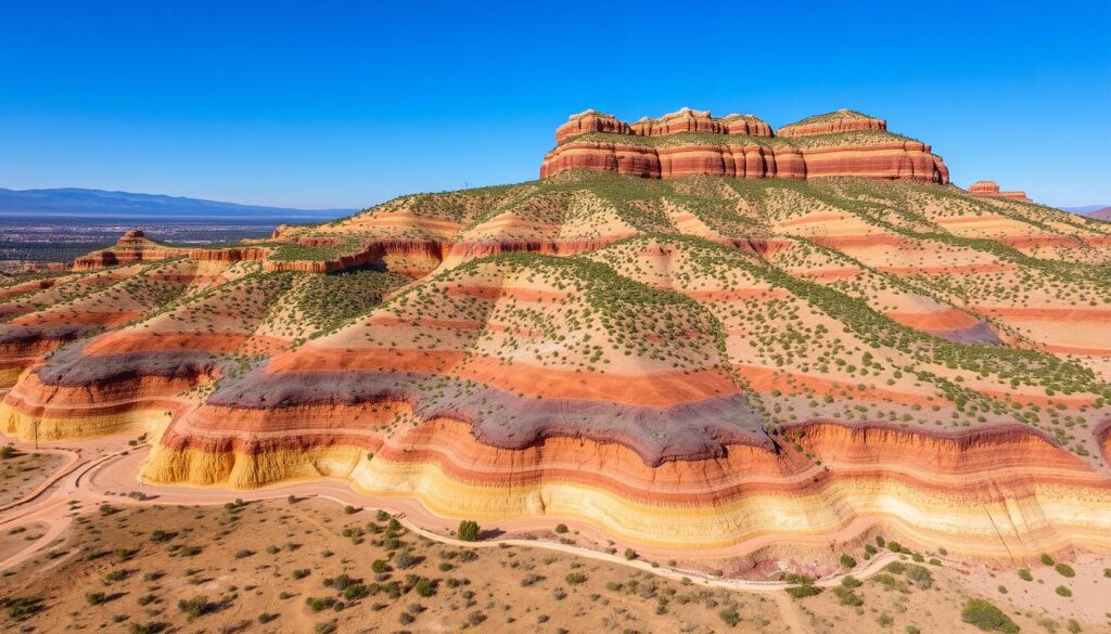 Aerial view of a colorful, layered rock formation in Prescott AZ with desert vegetation. The layers display vibrant shades of red, orange, yellow, and purple under a clear blue sky. A winding path is visible at the base of this natural landscape marvel.