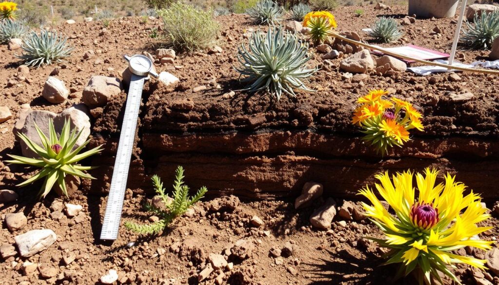 A cross-section of soil displays layers and small plants, with a ruler and compass for scale. Vibrant yellow and orange flowers flourish in this Prescott AZ terrain, showcasing the charm of landscape design under a clear sky.