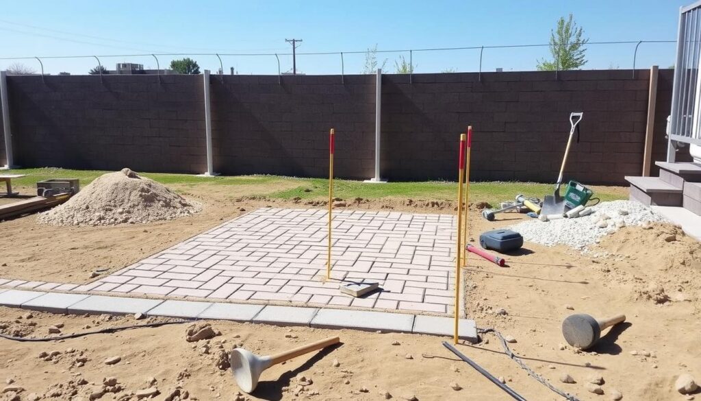 A partially constructed patio with interlocking bricks hints at a DIY paver installation, surrounded by sand and dirt. Various construction tools are scattered around, including a shovel, poles, and a mallet. A brick wall and small trees are visible in the background.