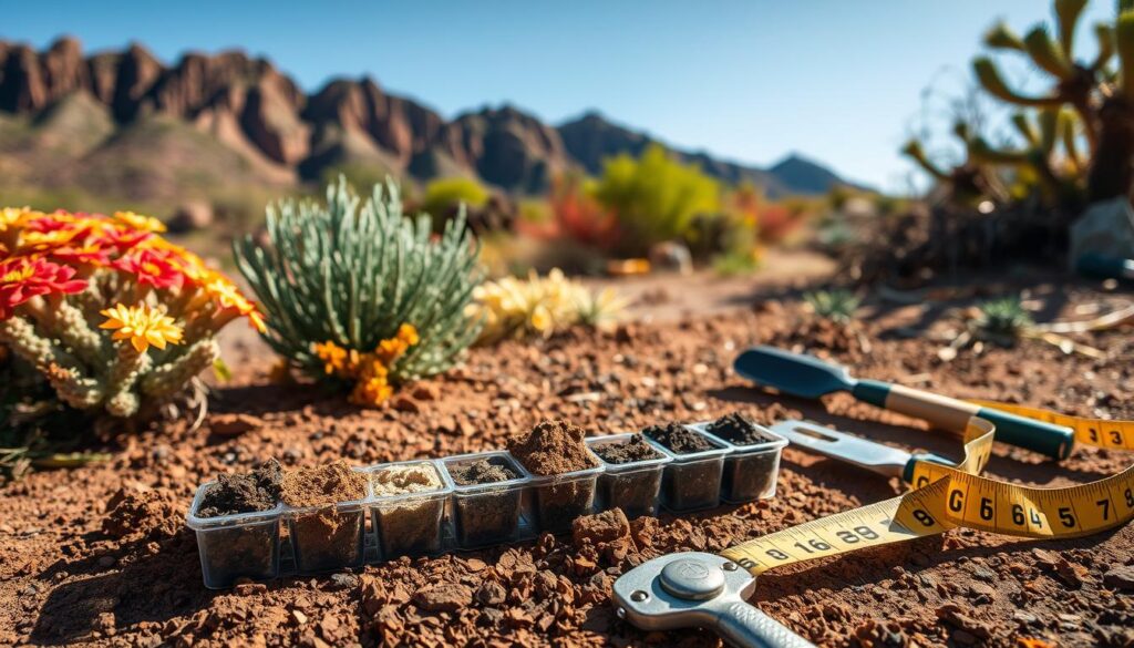 A desert landscape showcases various soil samples in a container, ideal for terrain analysis, surrounded by gardening tools and a measuring tape. Cacti and flowers add vibrant colors, with mountains in the background under a clear blue sky.