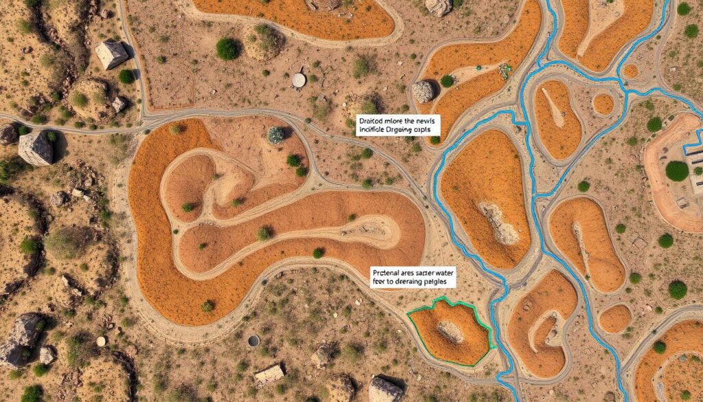 Aerial view of a dry, rocky landscape in Prescott AZ featuring winding, blue water channels and paths. The area showcases innovative landscape design and drainage efforts to manage water flow, preventing further degradation. Labels highlight ongoing erosion and water flow pathways.