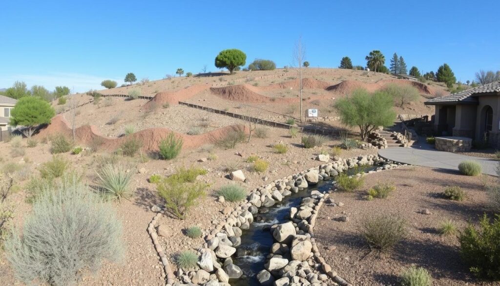 A desert landscape with rocky, dry terrain and sparse vegetation in Prescott AZ. A small stream flows through the foreground as natural drainage, bordered by stones. Houses grace both sides under a clear blue sky, with sandy mounds on the distant hills contributing to the picturesque view.