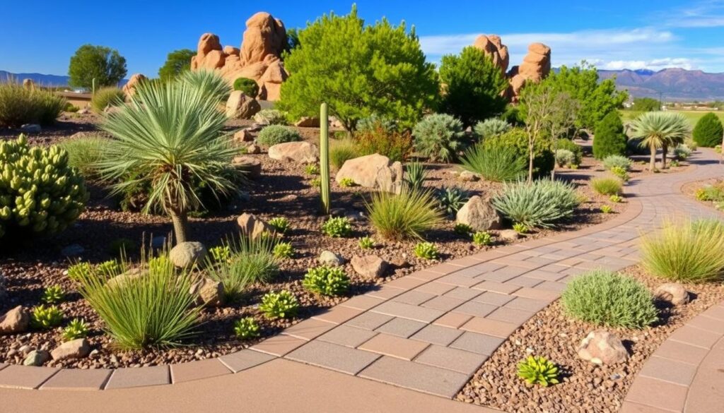 A desert landscape garden in Prescott, AZ features a winding stone path surrounded by various cacti, succulents, and desert plants. Thoughtful landscape design includes natural rock formations and distant mountains visible under a clear blue sky.