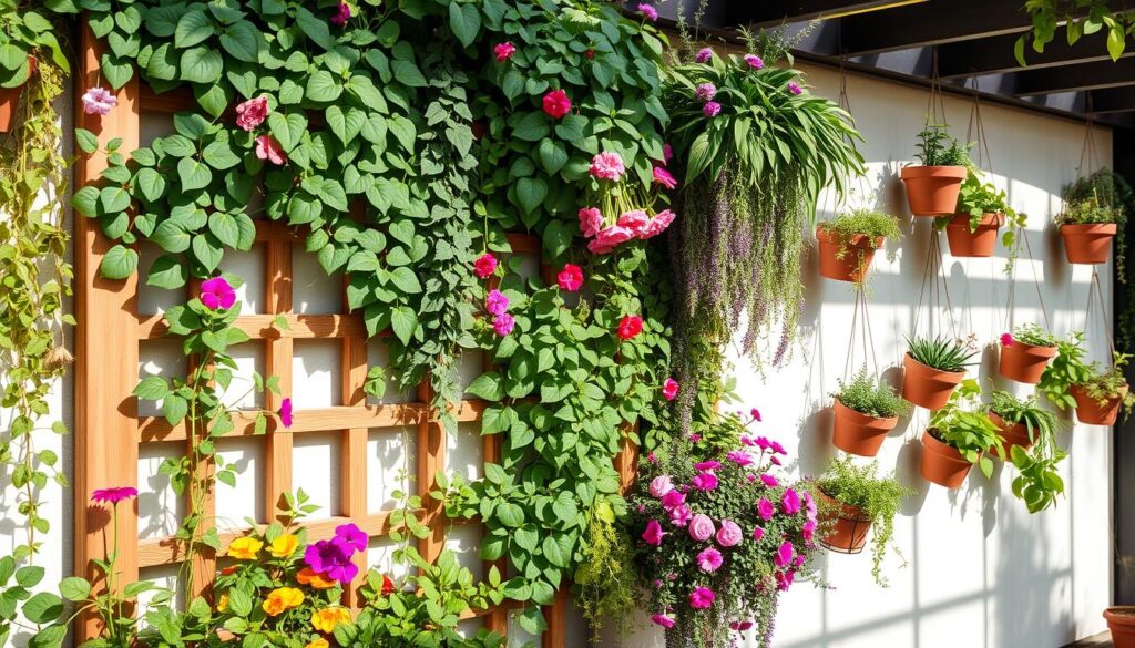 A lush garden scene with vibrant flowers climbing a wooden trellis on the left and hanging potted plants on a sunlit wall showcases Prescott AZ's landscape design services. This space, filled with greenery and colorful blooms, uses space-saving techniques to create a bright, inviting atmosphere.