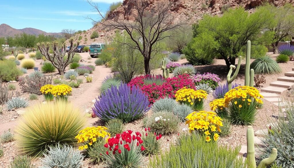 The desert garden bursts with vibrant blooms of yellow, purple, and red. Cacti and various desert plants are scattered across the landscape. A winding dirt path leads through the mesmerizing terrain, with rocky hills silhouetted against a clear blue sky—nature's breathtaking auto draft masterpiece.