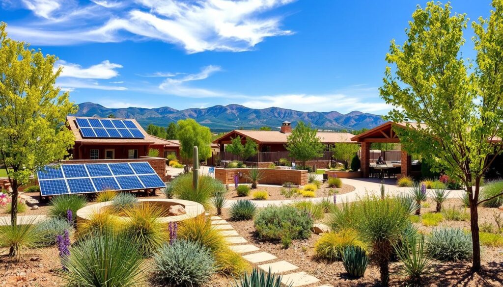 A scenic view of an eco-friendly home adorned with solar panels on the roof and in the garden. The landscape showcases desert plants and trees, framed by majestic mountains under a bright blue sky with wispy clouds, exemplifying sustainable living within nature's embrace.