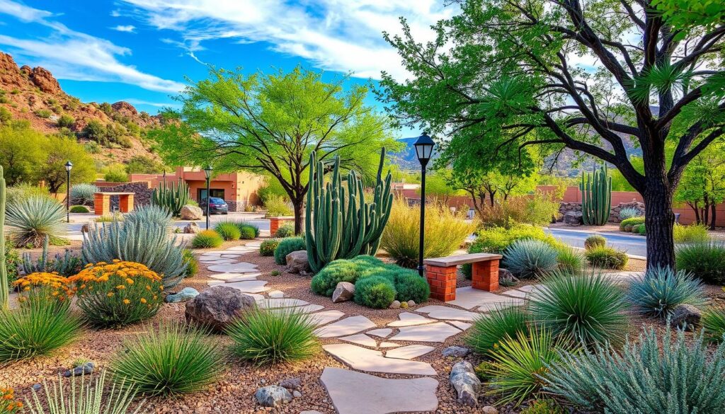 A vibrant desert garden with various cacti, colorful wildflowers, and neatly arranged stone paths awaits you like a nature's auto draft. Trees provide some shade alongside a few outdoor benches, and the backdrop features rocky hills under a bright blue sky.