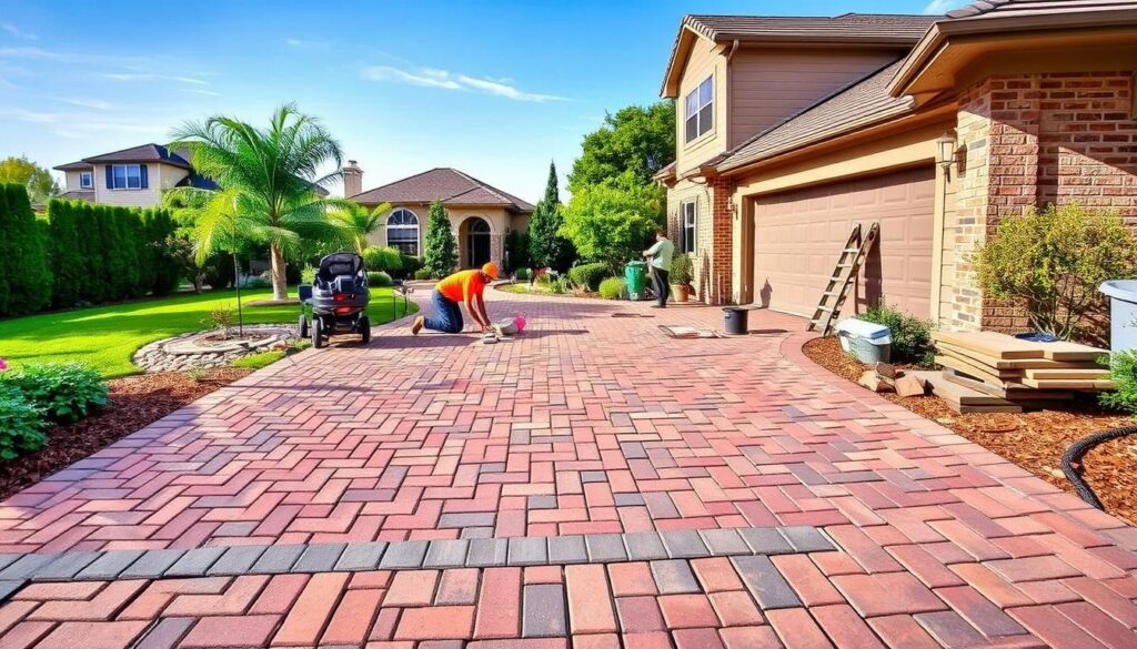 Workers installing driveway pavers in front of a suburban house with a large garage create a neatly landscaped yard with green grass, trees, and shrubs under the clear blue sky. This smart investment promises long-term savings while tools and materials are scattered around the site.