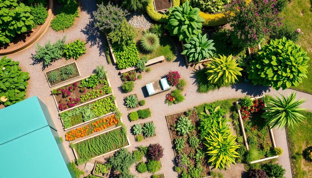 Aerial view of an edible landscape featuring neatly arranged rectangular plots brimming with lush green plants and colorful flowers. A small white vehicle rests on the gravel path between them, while surrounding trees and bushes enhance the verdant setting.