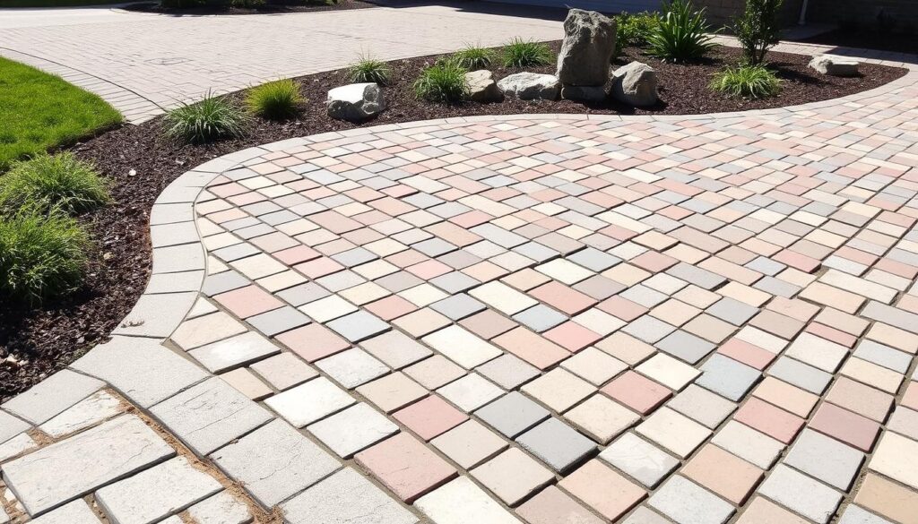 Curved walkway with multicolored square pavers in an outdoor garden setting, showcasing driveway pavers as a smart investment. The path is bordered by greenery and rocks, leading to a paved area.