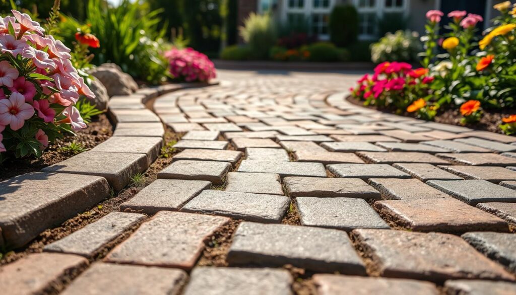 A sunlit cobblestone path winds through a vibrant garden, bordered by colorful flowers like pink petunias and red and yellow blooms. Lush green plants frame the path, creating a serene setting that feels as wise as choosing driveway pavers for their durability and charm.