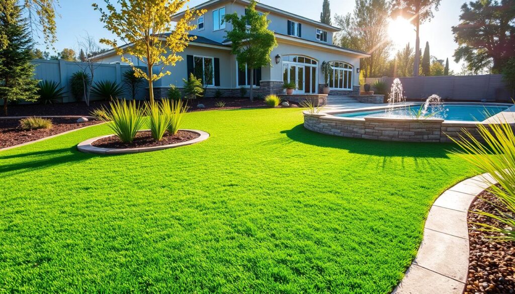 A neatly landscaped backyard with artificial grass features a lush green lawn, a circular stone-bordered fountain, and modern shrubs. In the background, there's a large contemporary house with tall windows and trees bathed in sunlight, enhancing the home’s resale value.