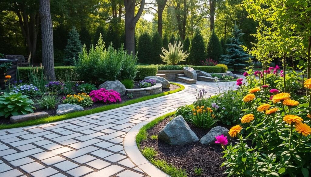 A beautifully landscaped backyard garden with a winding path of permeable pavers, surrounded by vibrant flowers, shrubs, and rocks. Tall trees and hedges provide a lush backdrop under the warm sunlight.