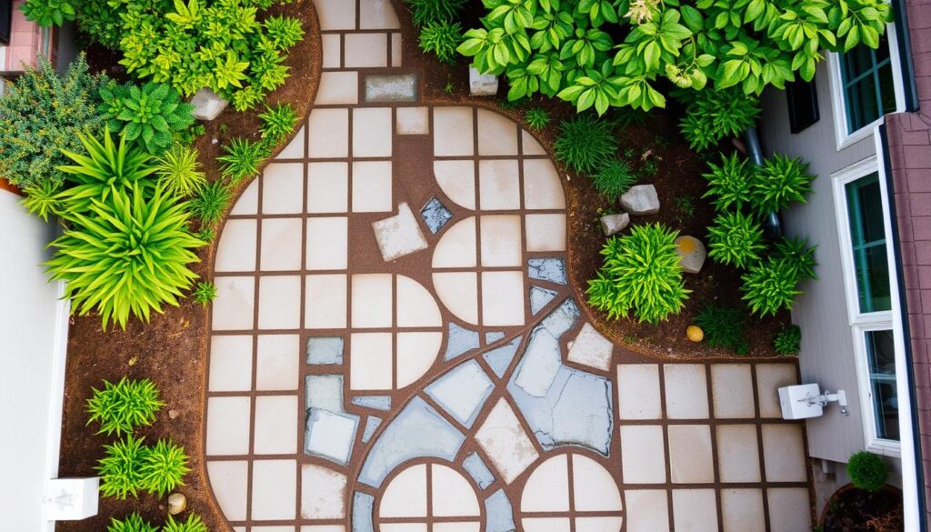 Aerial view of a modern garden showcasing the science behind permeable pavers in a geometric patio design. The patio features a blend of square and circular stone patterns, enhancing backyard settings with lush green plants and shrubs, adjacent to a house exterior.