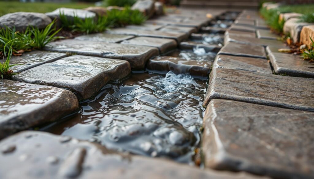 A close-up view of a small stream flowing through a path of permeable pavers. The water bubbles gently over the stones, surrounded by green grass and a few scattered rocks, showcasing the serenity often found in backyard settings.