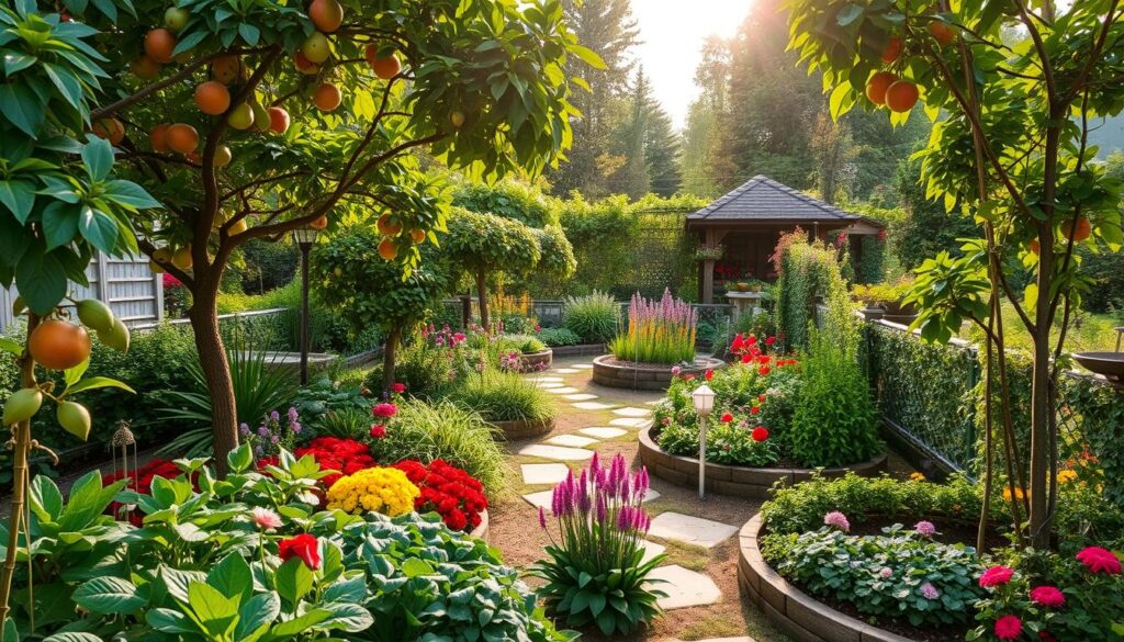 A vibrant garden with blooming red, yellow, and pink flowers, lush green foliage, and fruit trees creates an enchanting edible landscape. Stone pathways lead to a wooden gazebo surrounded by hedges, with soft morning sunlight filtering through trees—a showcase of expert landscape design services.