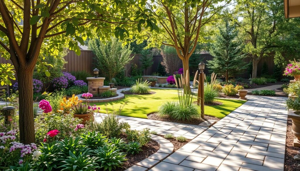 Discover the benefits of a landscaped garden featuring a stone path and two circular fountains, surrounded by lush greenery and colorful flowers. Sustainable paver solutions enhance the charm, while trees offer shade and sunlight filters through, creating a tranquil atmosphere.