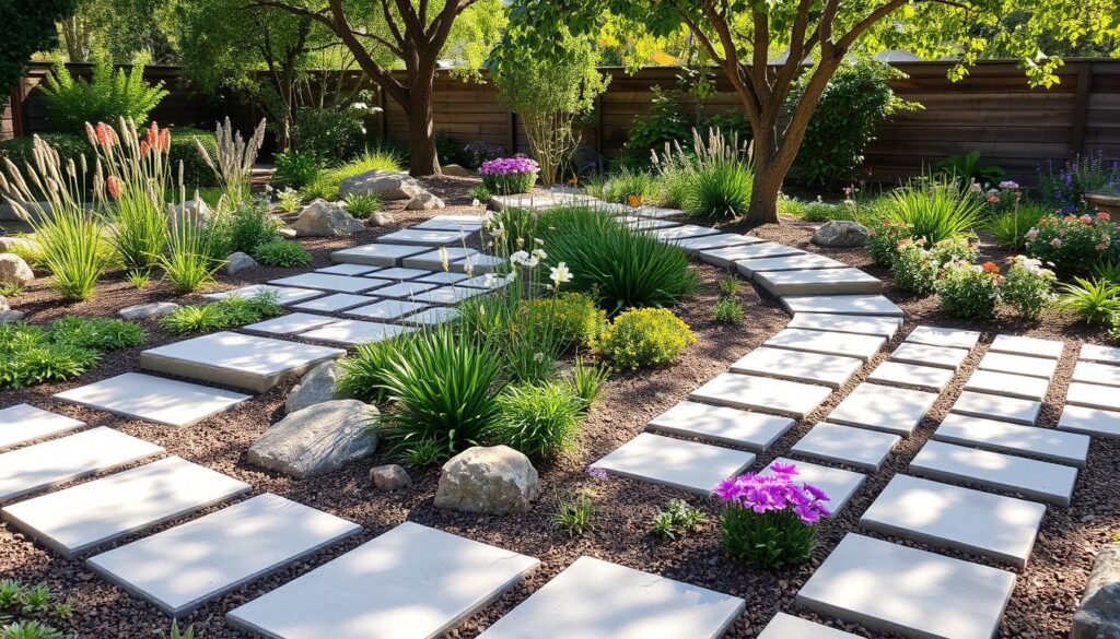 A serene garden features a winding stone path with square pavers from Sustainable Paver Solutions, surrounded by lush greenery, shrubs, and colorful flowers. The sunlight filters through the trees, creating a peaceful ambiance.