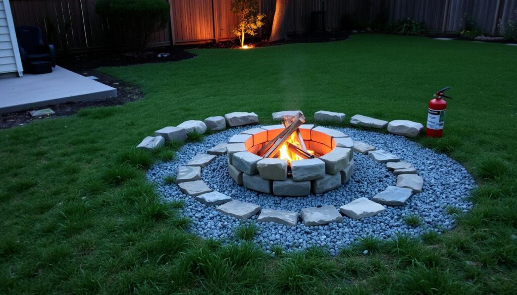 A backyard with a stone fire pit crackles warmly, encircled by gravel and lush grass. A vigilant red fire extinguisher stands nearby. As dusk falls, subtle garden lighting casts a serene glow, enhancing the cozy ambiance of this inviting outdoor haven.