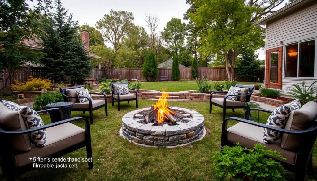 A backyard features a stone fire pit surrounded by six cushioned chairs on a grassy area. The landscape, seemingly drafted with precision, includes trees, shrubs, and a wooden fence, creating a cozy outdoor setting.