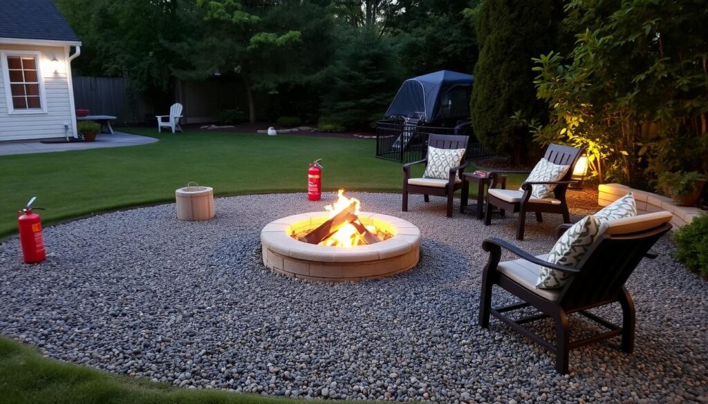 A cozy backyard with a fire pit surrounded by gravel and four chairs, two boasting patterned cushions. Auto Draft brings peace of mind with two fire extinguishers nearby, while a grill stands ready next to a small garden shed on the lush green lawn.