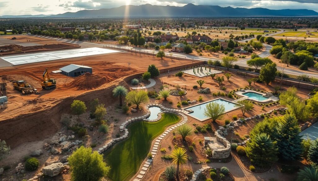 Aerial view of a landscaped area in Prescott, AZ, featuring a large pond and pool surrounded by trees and rocks. To the left, construction is underway with a bulldozer on red soil—an exemplary showcase of design & build excellence. In the background, residential houses and mountains are visible.