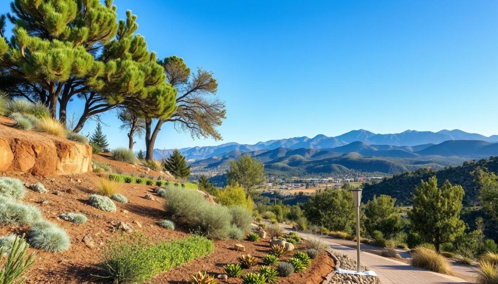 A scenic view of the Prescott, AZ desert landscape features a variety of trees and shrubs in the foreground, set against rolling hills and distant blue mountains under a clear sky, showcasing nature's own design and build masterpiece.