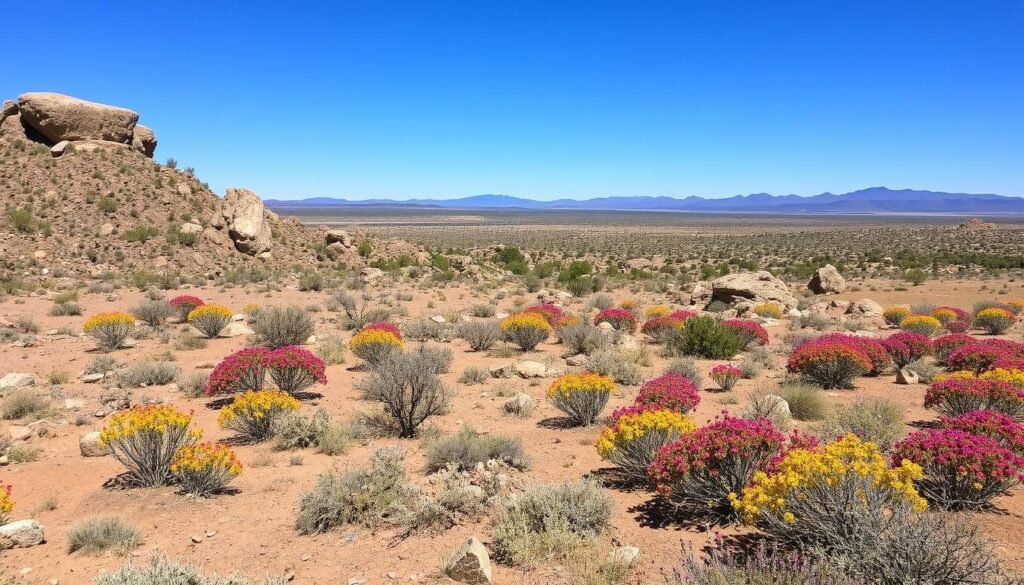 In the Prescott, AZ desert landscape, vibrant clusters of red and yellow wildflowers scatter across the sandy terrain. Rocky formations stand on the left, while mountains stretch across the horizon under a clear blue sky, offering inspiration for any design & build landscape project.