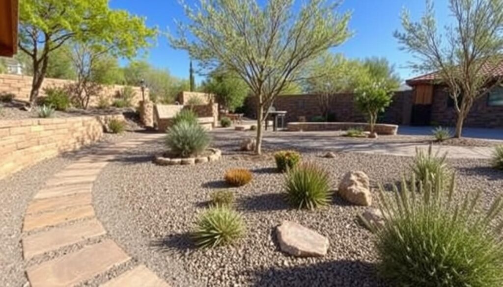 A desert garden in Prescott, AZ, showcases expert landscape design with stone pathways, gravel ground cover, and drought-tolerant plants like cacti and shrubs. Hardscaping elements such as a stone wall enhance the space, while tall trees offer shade under a bright blue sky.