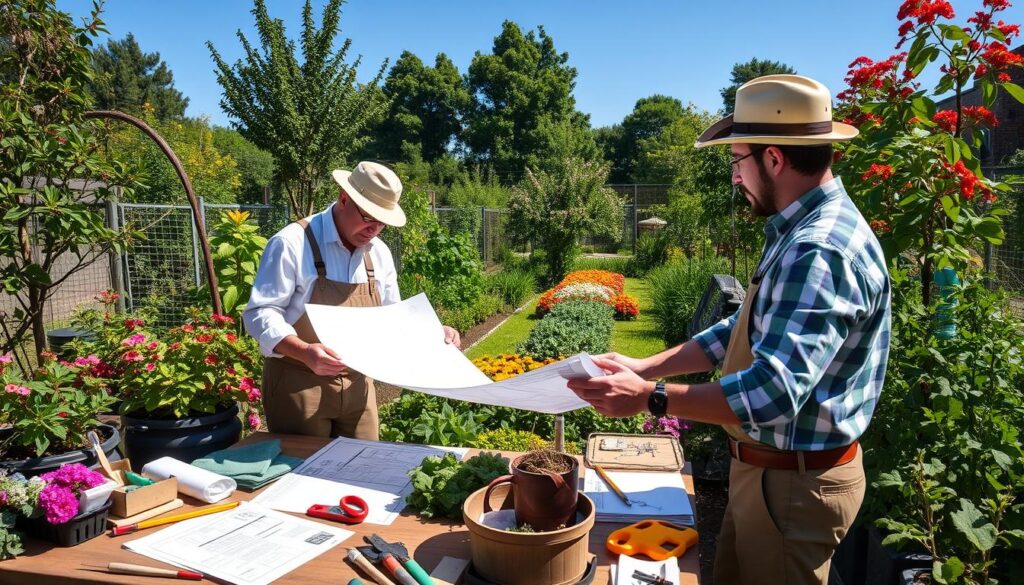 Two men in hats and aprons are studying blueprints at a table in a lush garden, planning to create edible gardens. The table is covered with gardening tools, flowers, and plants. Bright sunlight casts shadows, and vibrant red and yellow flowers are visible in the background.