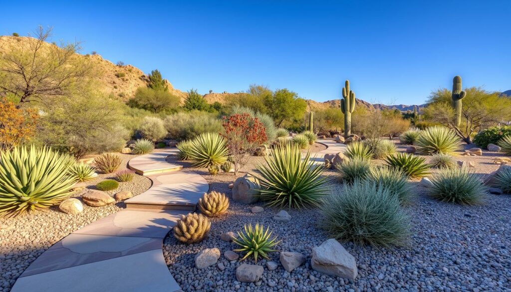 A desert landscape featuring a winding stone path through diverse cacti and shrubs exemplifies the art of landscape design. Tall cacti and dry vegetation adorn the scene under a clear blue Prescott, AZ sky, with rugged hills in the background. Rocks and pebbles cover the ground.