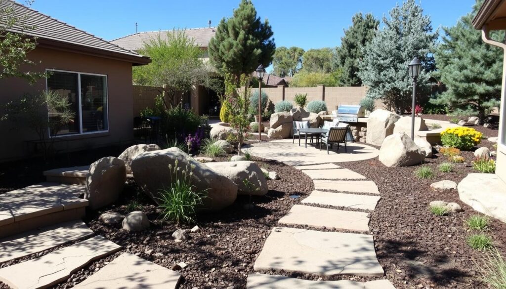 A landscaped backyard in Prescott, AZ features a stone pathway winding through decorative rocks, plants, and small trees. The seating area with chairs and a table is surrounded by exquisite hardscaping elements and a mix of greenery under a clear blue sky.