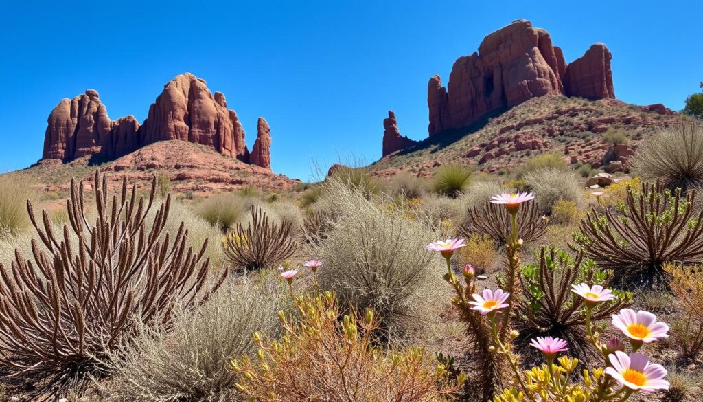 A scenic view of Sedona, Arizona, near Prescott AZ, features red rock formations under a clear blue sky. In the foreground, desert plants and blooming pink flowers create stunning color combinations that enhance the arid landscape's natural beauty.