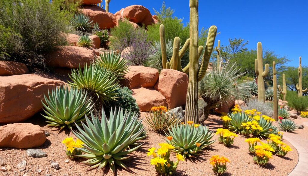 A stunning desert landscape in Prescott AZ showcases various cacti and succulents set against reddish rocks. The tall cactus plants rise against a bright blue sky, while harmonious color combinations of yellow flowers and green succulents enhance the arid scene's natural beauty.