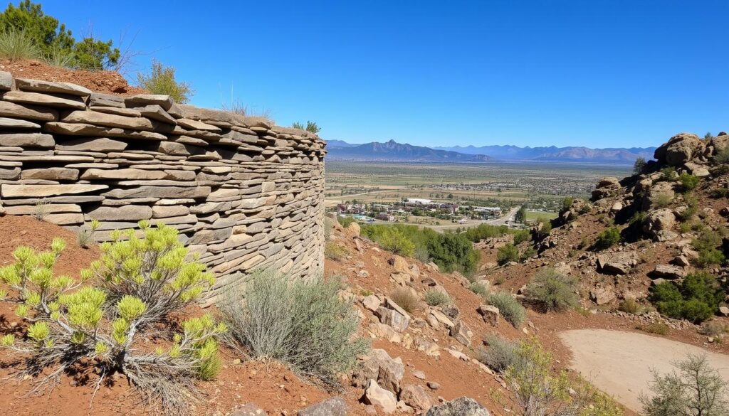 A stone wall lines the left side of a rocky path on a hillside, where green shrubs are scattered like a nature's auto draft. In the background, a valley with a small town is visible, bordered by distant mountains under a clear blue sky.