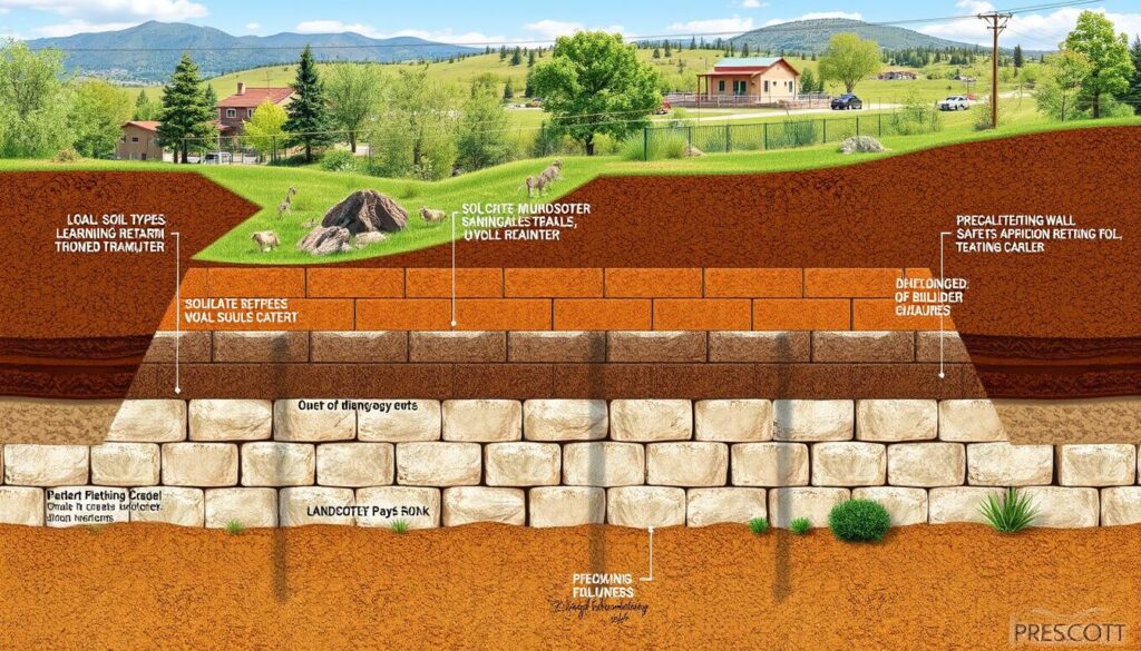 A cross-sectional illustration depicts a retaining wall system, showcasing labeled layers like local soil types, retaining wall soil granter, drainage stone, and deburred granites. Set against a backdrop of grassy landscapes with trees and a building, this detailed view integrates natural elements seamlessly.