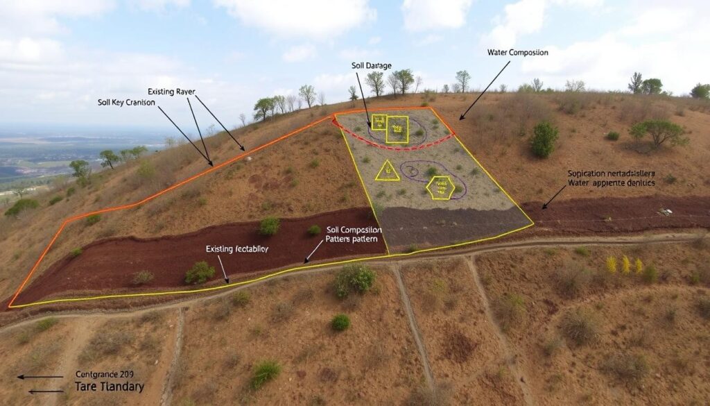 Aerial view of a hilly landscape with marked areas: soil damage, water composition, existing reservoir, and erosion. It includes patterns and devices for water absorption; Auto Draft applied for scriptation. Cernigrance 279, Tare Tiandary labeled.