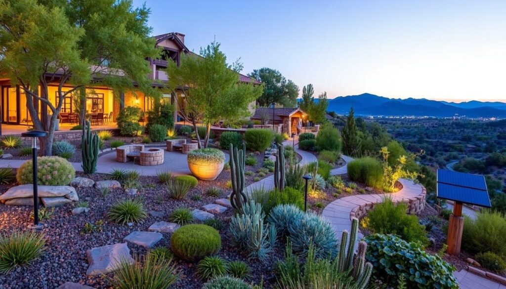 A landscaped garden at sunset with lush greenery, cacti, and a stone path leading to a warmly lit house designed by talented landscape architects. In the background, Prescott AZ's mountains are silhouetted against a twilight sky. A seating area with a fire pit is on the left.