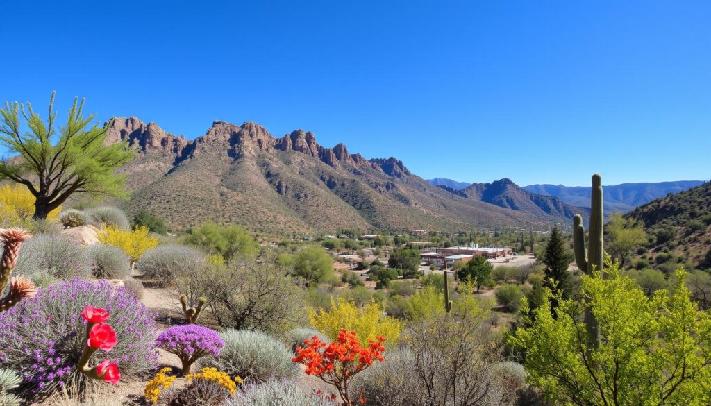 In the heart of Prescott AZ, the desert landscape comes alive with a variety of cacti and vibrant flowering plants. Thanks to innovative landscape architects, the rugged mountain range unfolds majestically under a clear blue sky, inviting community participation in its natural beauty.