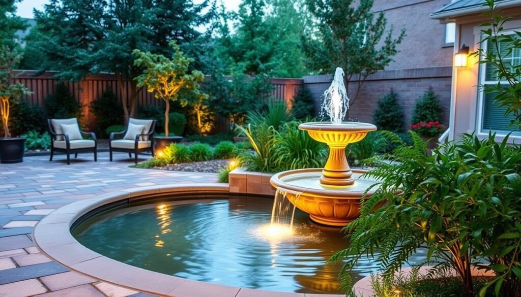 A beautifully lit backyard scene resembles an artful auto draft, where a fountain at its center channels water into a circular pond, surrounded by lush greenery. Two cushioned chairs rest on the stone patio, crafting a cozy evening ambiance.