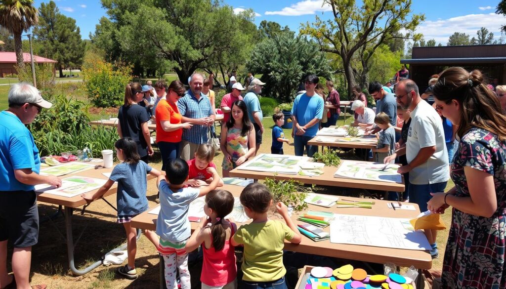 A group of adults and children gather at picnic tables in Prescott, AZ, engaging in arts and crafts activities. The sunny setting, surrounded by trees and greenery shaped by landscape architects, fosters community participation in a lively and colorful atmosphere.