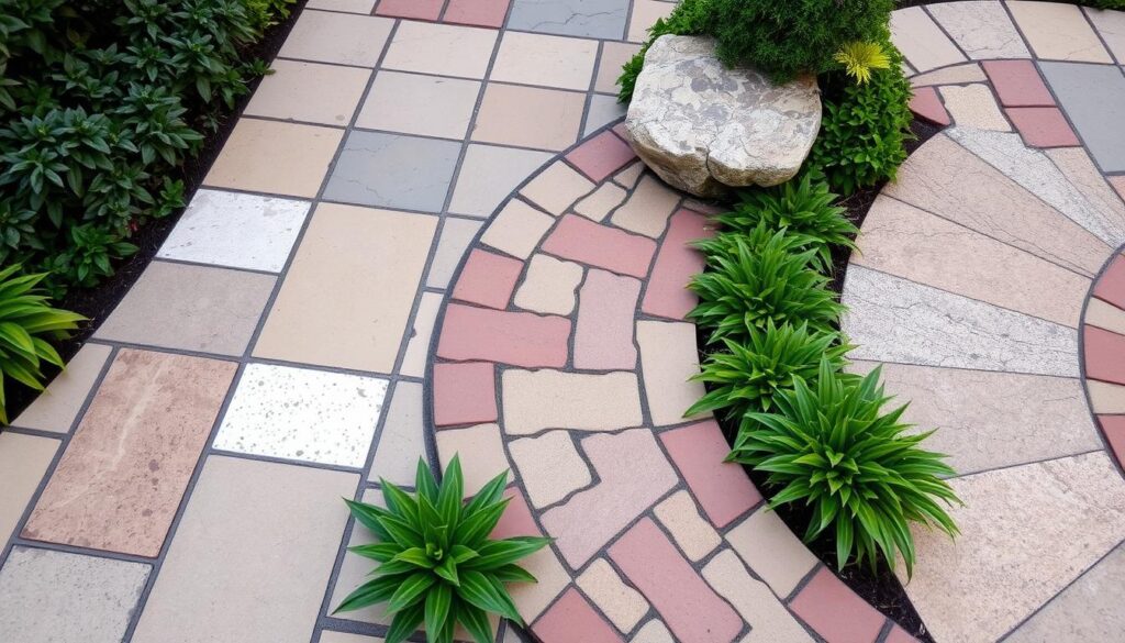 A patio with a geometric pattern of multicolored tiles, featuring curved design elements, captures an auto-draft of nature's beauty. Green leafy plants are interspersed, and a large stone slab rests among the plants on the right side.