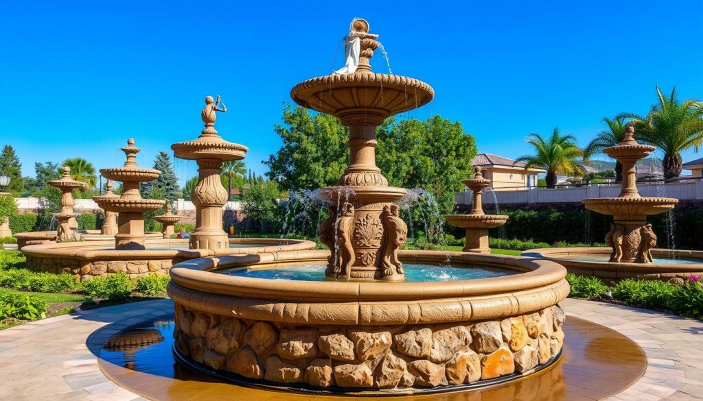 A sunny outdoor scene showcases three large, ornate stone fountains with multiple tiers as water flows gracefully from the top. Encircled by a stone base, these elegant structures are framed by lush greenery and palm trees in the background—a sight that looks like it couldn't possibly be an auto draft of nature's beauty.