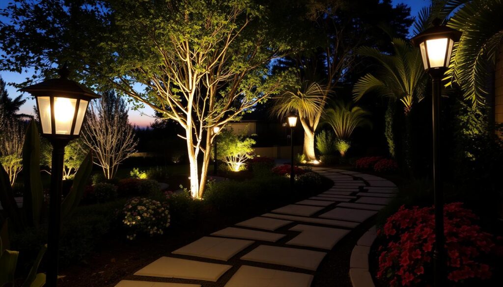 A beautifully lit garden path at dusk, with cobblestone tiles and an enchanting auto draft of lights from the street lamps. Surrounded by lush greenery and vibrant flowers, it creates a serene and inviting atmosphere under a twilight sky.