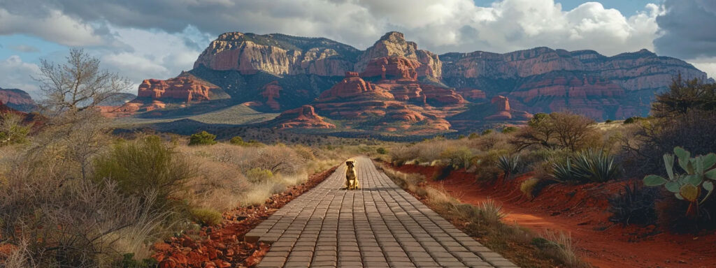 A dog walks along a Prescott mountain pavers surrounded by desert vegetation, leading towards striking red rock formations under a cloudy sky. The landscape is expansive and serene.